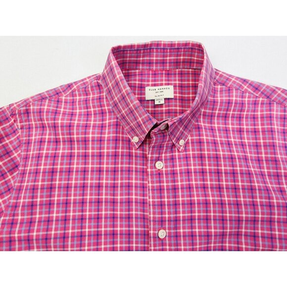 Club Monaco Slim Fit Size Medium Mens Pink Blue White Check Button Down Shirt - Picture 1 of 9